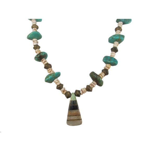 Southwestern Turquoise Nugget Brass Shell Pendant Necklace - Picture 9 of 16